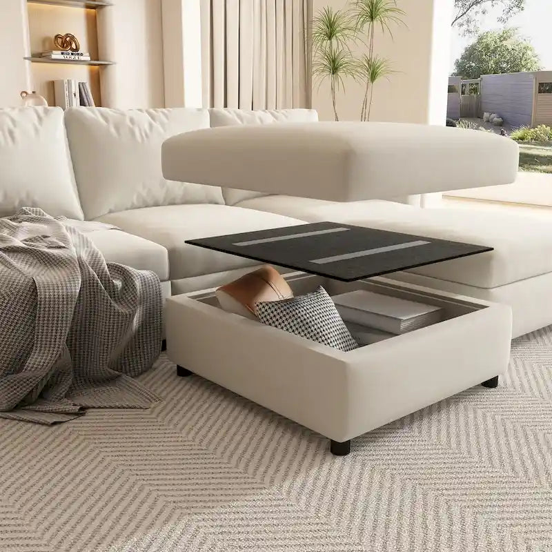 Canapé d'angle modulaire 4 places en forme de U blanc 123 avec poufs de rangement, montage et transport faciles.