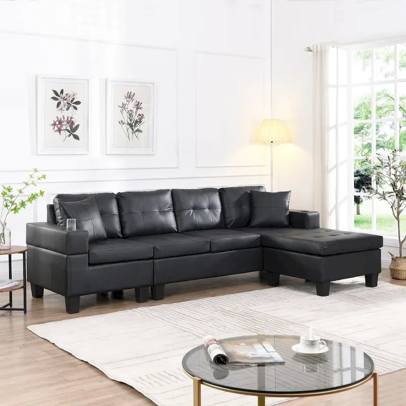Black 96.06 Contemporary L-Shaped 4-Seater Sectional Sofa with Chaise Lounge, Cup Holders, and Throw Pillows Included