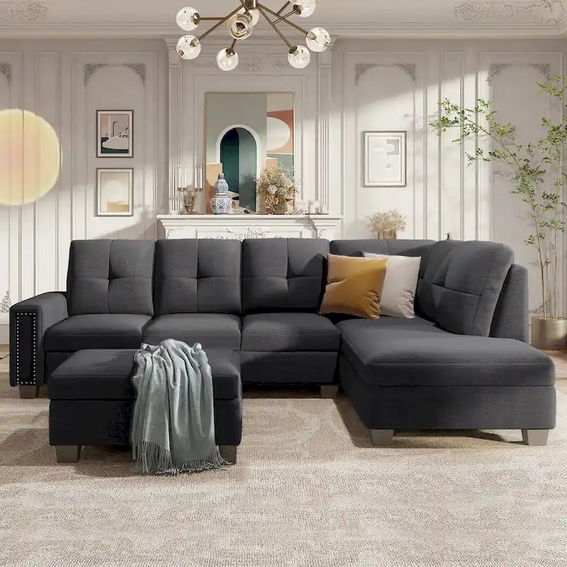 105.2 Reversible L-Shaped 6-Seater Sectional Sofa with Storage Ottoman and Cup Holders, Space-Saving Linen Design