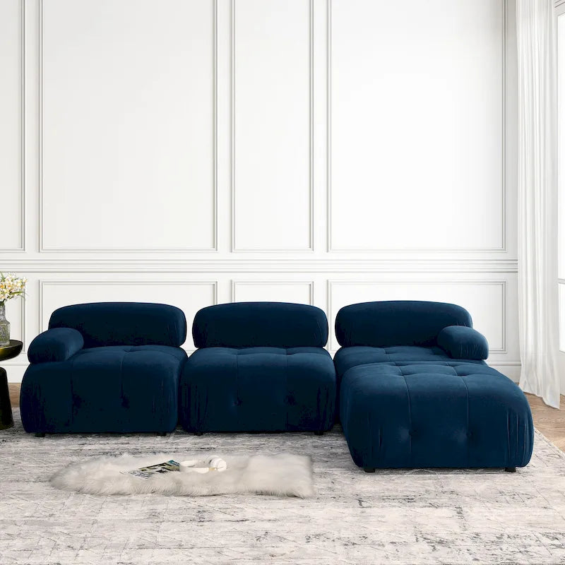 Canapé d'angle modulaire 4 places en forme de L bleu 93 avec pouf réversible