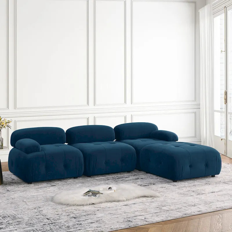 Canapé d'angle modulaire 4 places en forme de L bleu 93 avec pouf réversible
