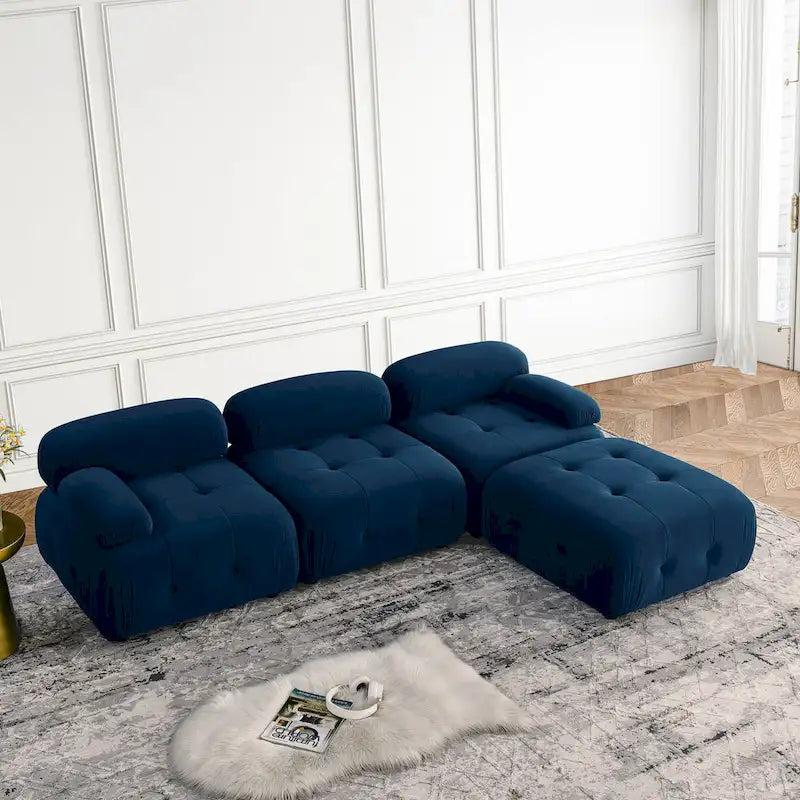 Canapé d'angle modulaire 4 places en forme de L bleu 93 avec pouf réversible