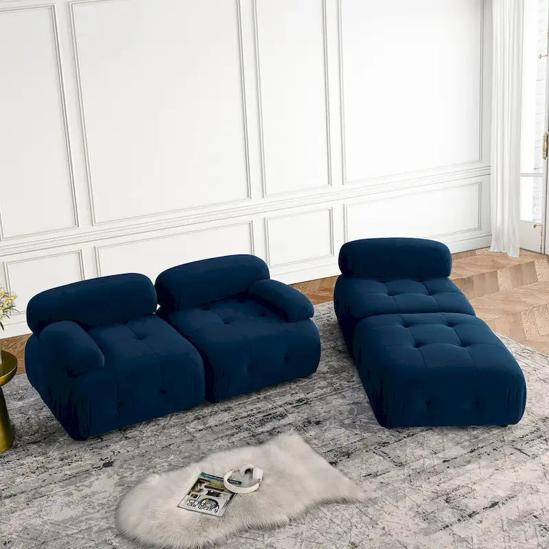 Canapé d'angle modulaire 4 places en forme de L bleu 93 avec pouf réversible