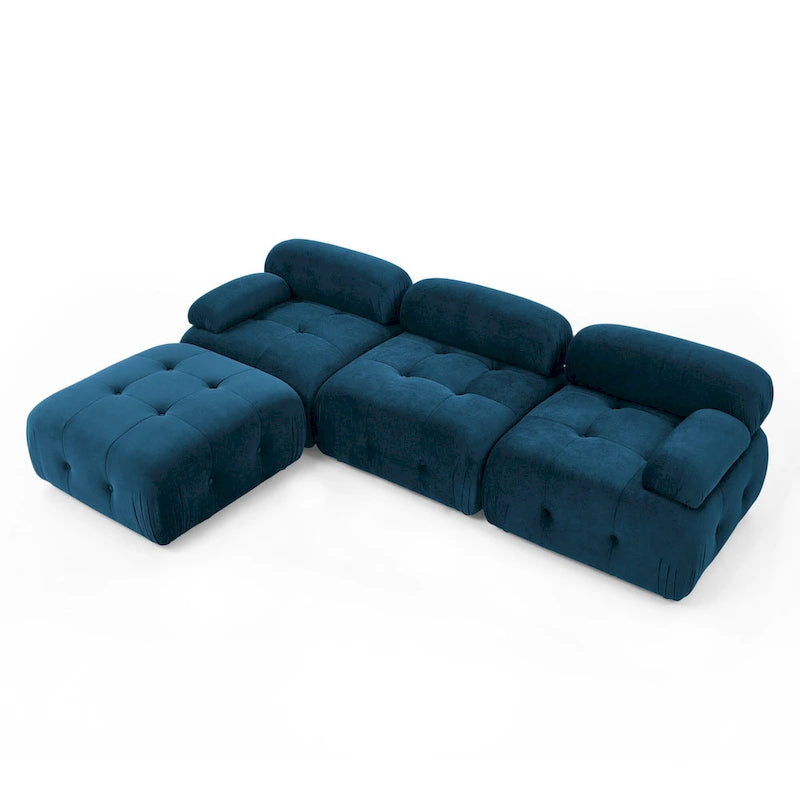 Canapé d'angle modulaire 4 places en forme de L bleu 93 avec pouf réversible