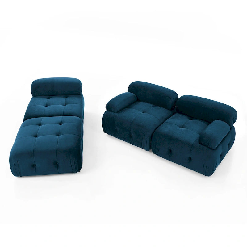 Canapé d'angle modulaire 4 places en forme de L bleu 93 avec pouf réversible