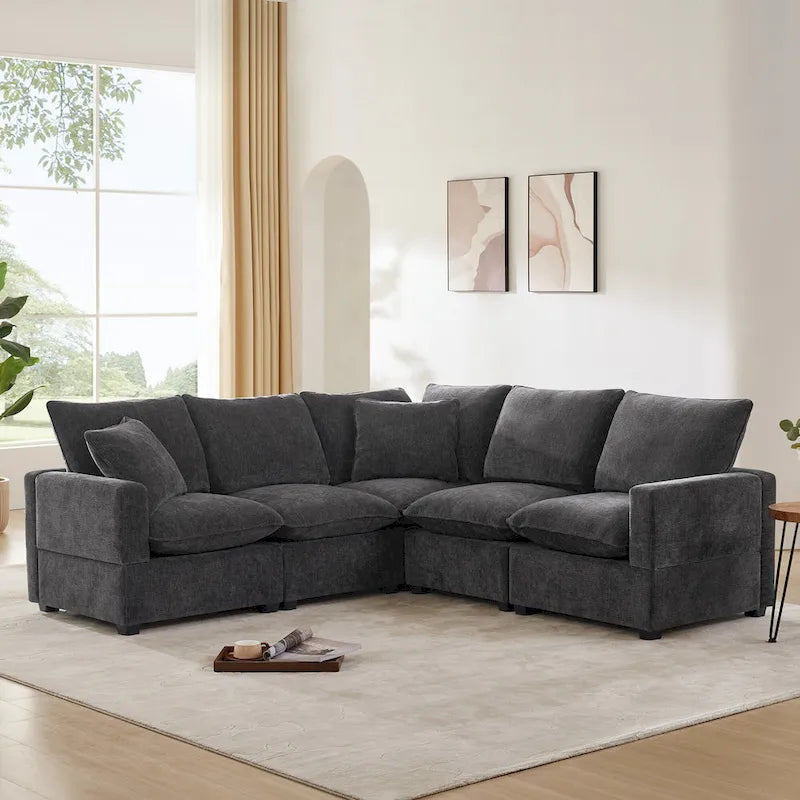 Black 84 Modular Chenille 5-Seat Corner Sectional Sofa Set with 2 Pillows, Ideal for Living Room or Apartment Use