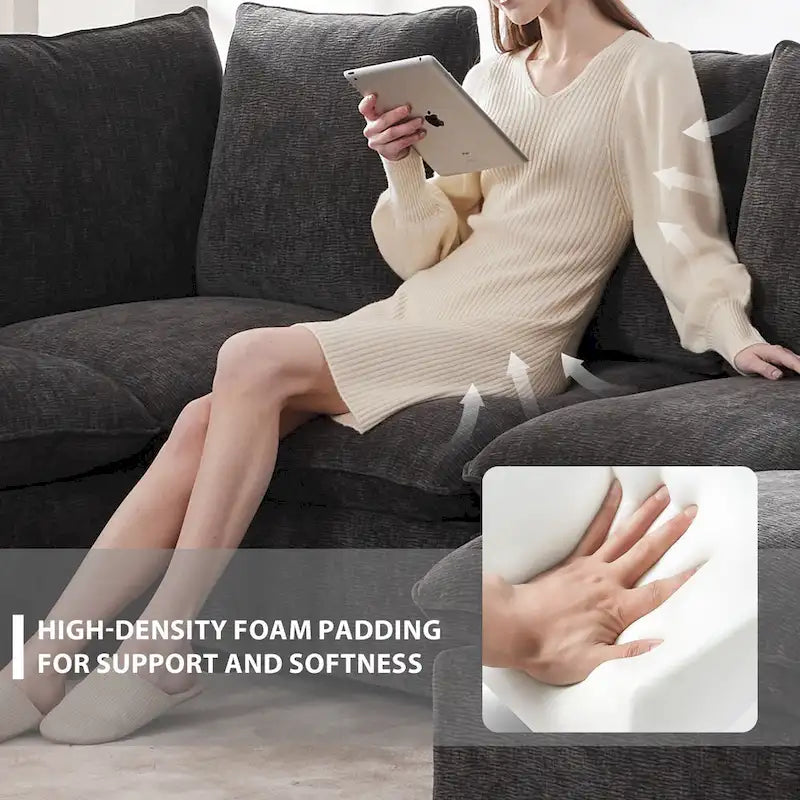 Canapé d'angle modulaire 5 places en chenille noire 84 avec 2 coussins, idéal pour le salon ou l'appartement.