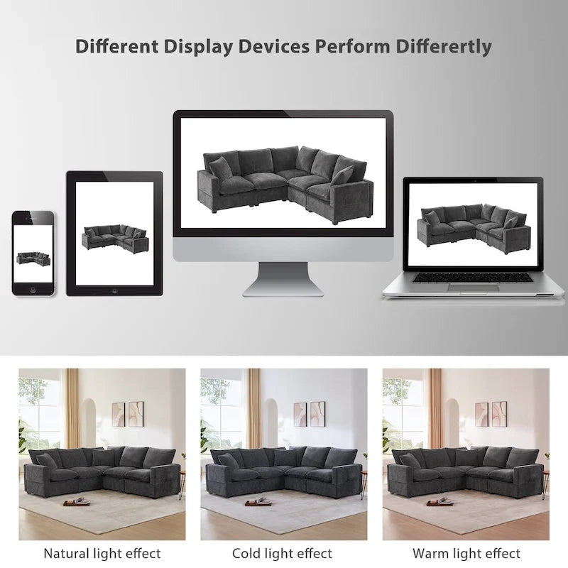 Canapé d'angle modulaire 5 places en chenille noire 84 avec 2 coussins, idéal pour le salon ou l'appartement.