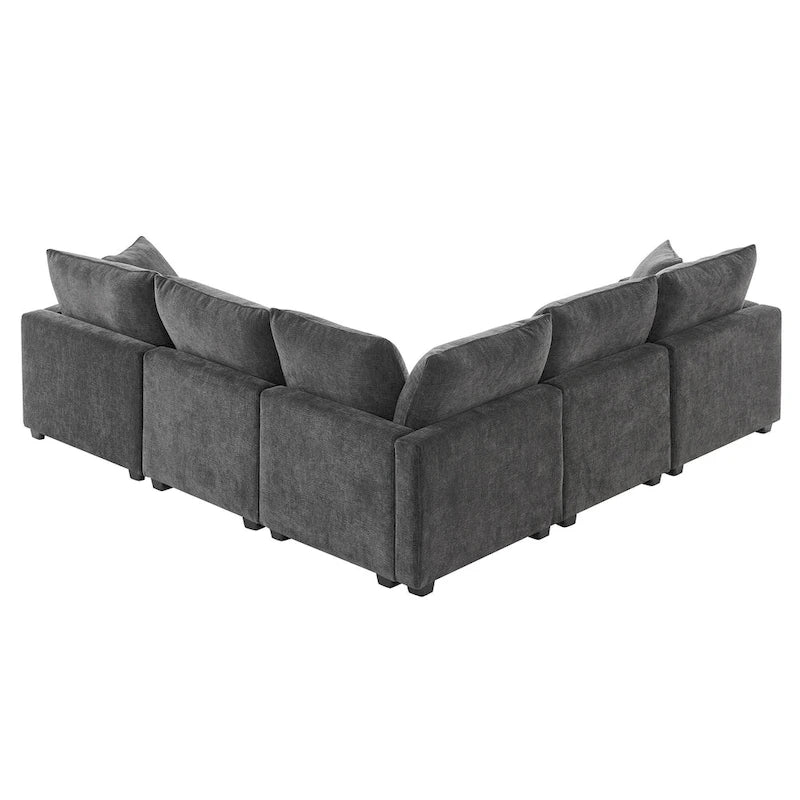 Canapé d'angle modulaire 5 places en chenille noire 84 avec 2 coussins, idéal pour le salon ou l'appartement.