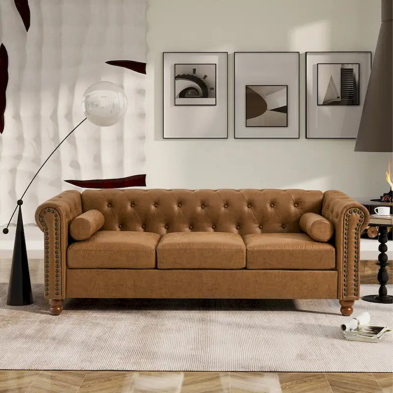 Brown 74.5 Fabric Upholstered Chesterfield Sofa with Tufted Backrest, 2 Headrests, and Sponge Cushions