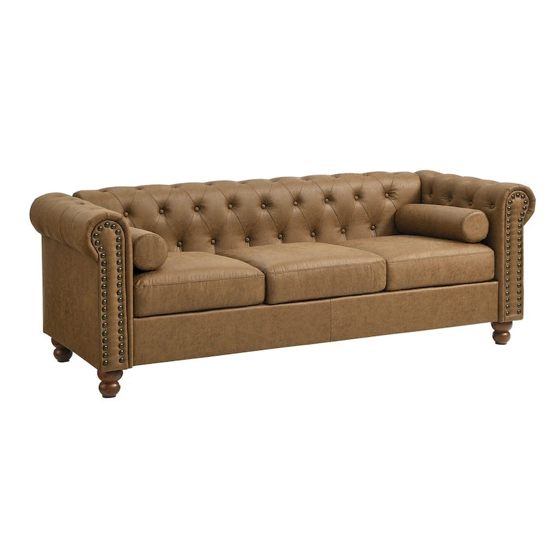 Canapé Chesterfield marron 74,5 pouces, revêtu de tissu, avec dossier capitonné, 2 appuie-têtes et coussins en mousse