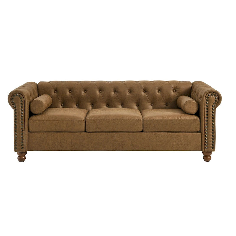 Canapé Chesterfield marron 74,5 pouces, revêtu de tissu, avec dossier capitonné, 2 appuie-têtes et coussins en mousse
