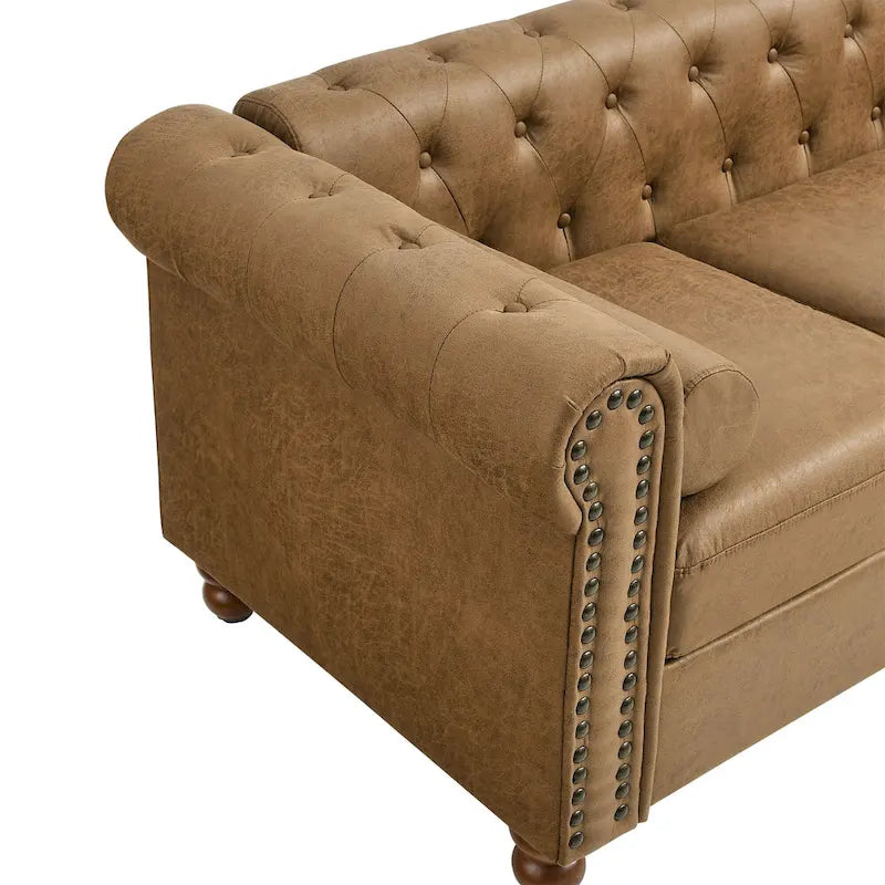 Canapé Chesterfield marron 74,5 pouces, revêtu de tissu, avec dossier capitonné, 2 appuie-têtes et coussins en mousse