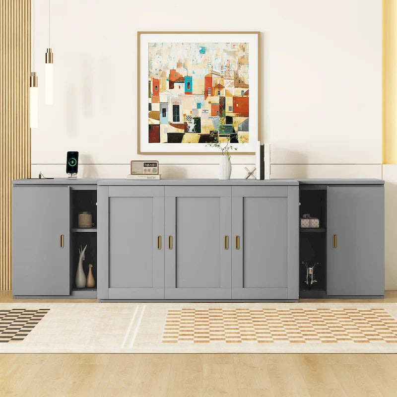 Lit escamotable gris pleine grandeur avec étagères, armoires et ports de chargement USB