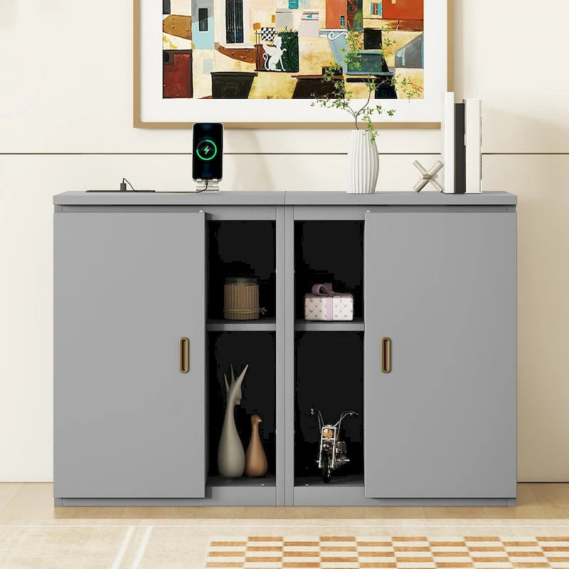 Lit escamotable gris pleine grandeur avec étagères, armoires et ports de chargement USB