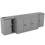 Lit escamotable gris pleine grandeur avec étagères, armoires et ports de chargement USB