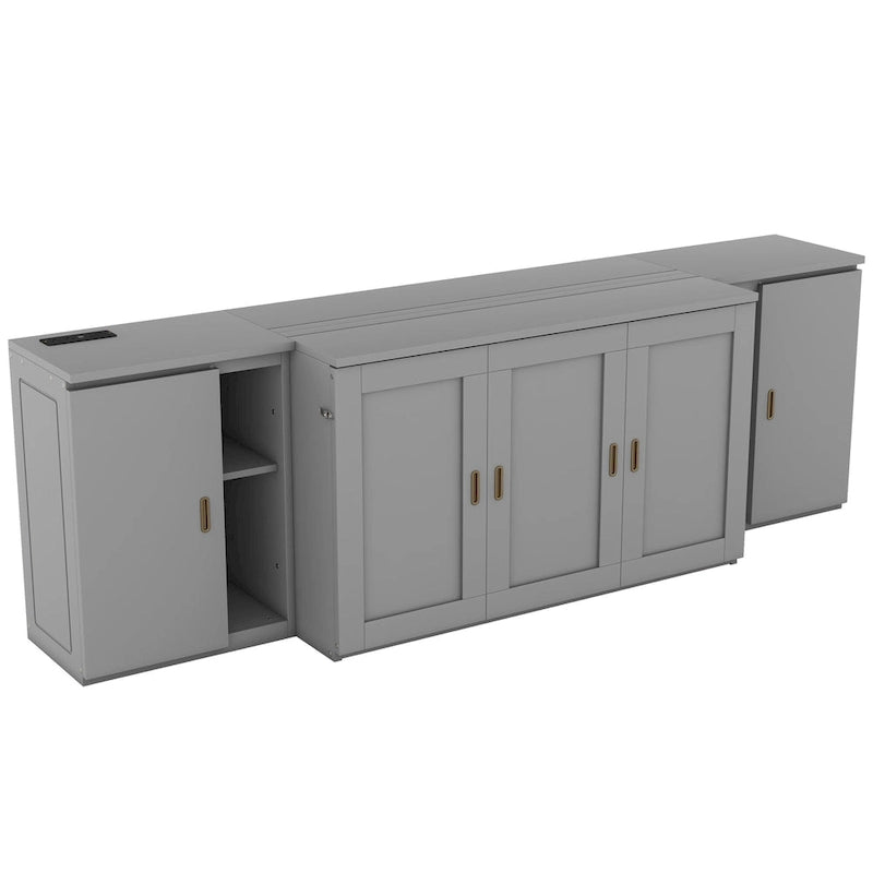 Lit escamotable gris pleine grandeur avec étagères, armoires et ports de chargement USB