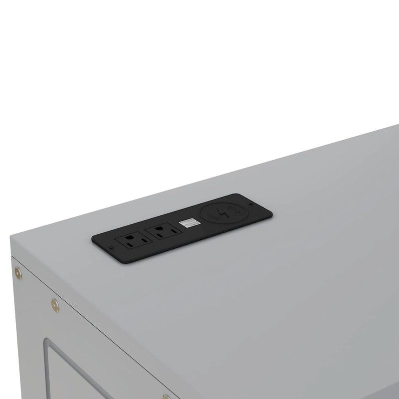 Lit escamotable gris pleine grandeur avec étagères, armoires et ports de chargement USB