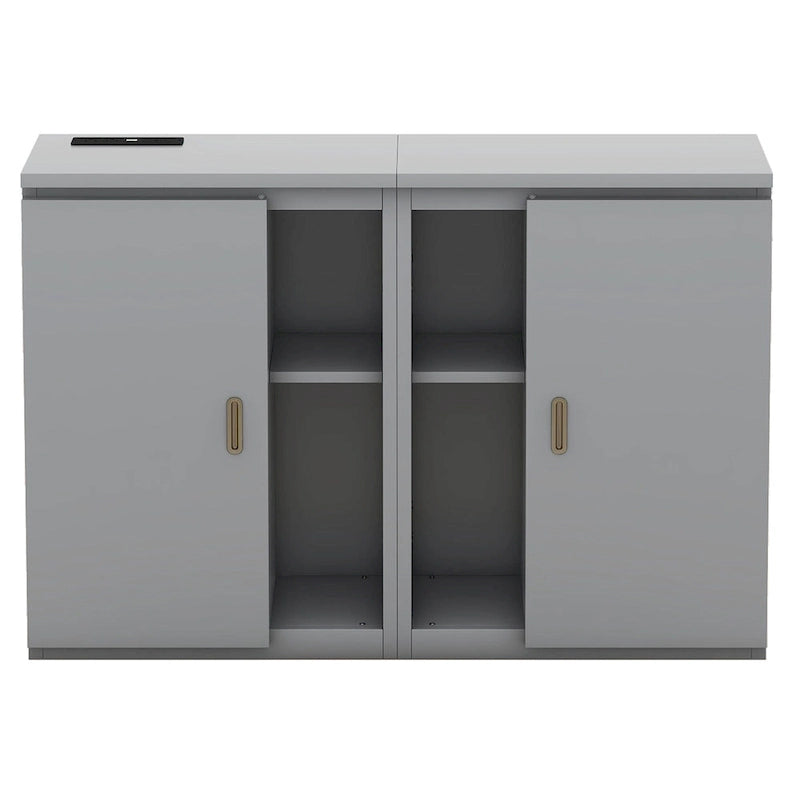 Lit escamotable gris pleine grandeur avec étagères, armoires et ports de chargement USB