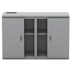 Lit escamotable gris pleine grandeur avec étagères, armoires et ports de chargement USB