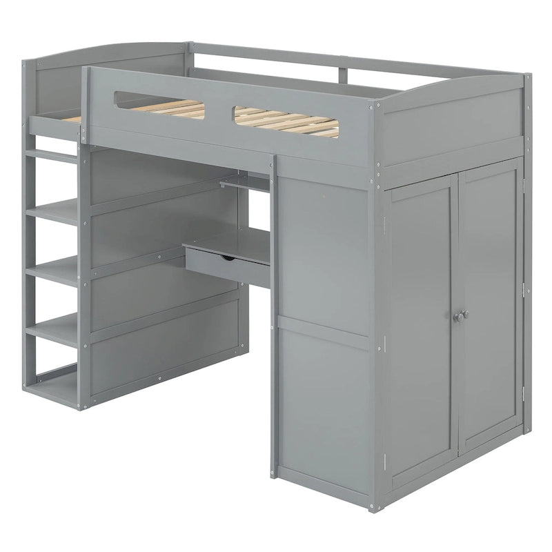 Gray Twin Size Solid Wood Loft Bed with Desk, Wardrobes, and Shelves