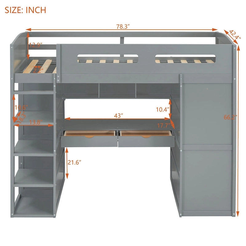 Lit mezzanine gris en bois massif (taille simple) avec bureau, armoires et étagères