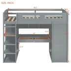 Lit mezzanine gris en bois massif (taille simple) avec bureau, armoires et étagères
