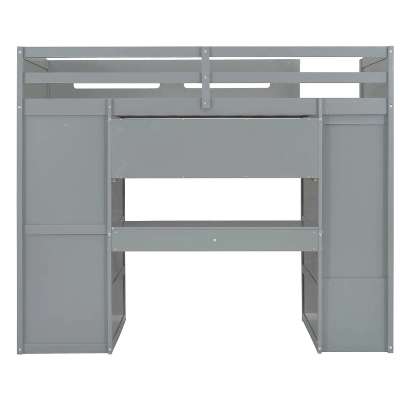 Lit mezzanine gris en bois massif (taille simple) avec bureau, armoires et étagères