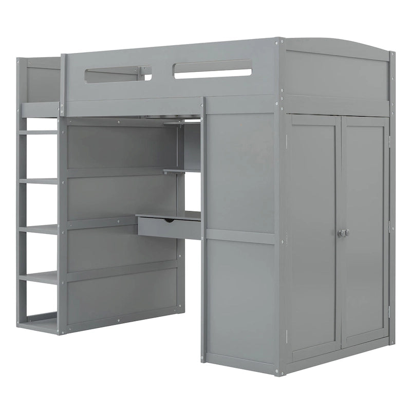 Lit mezzanine gris en bois massif (taille simple) avec bureau, armoires et étagères