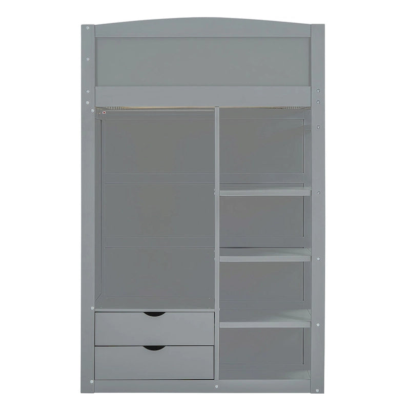 Lit mezzanine gris en bois massif (taille simple) avec bureau, armoires et étagères