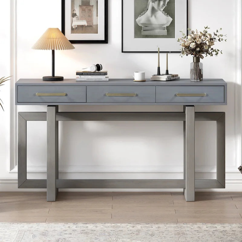 Console moderne de 57 pouces avec trois tiroirs et un design de pieds unique pour entrée, couloir, salon