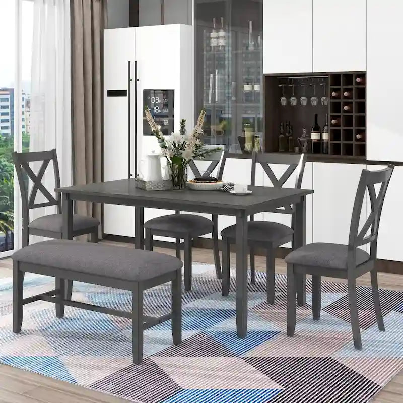 Gray Traditional 6-Piece Wooden Dining Table Set with 4 Upholstered Chairs and Bench