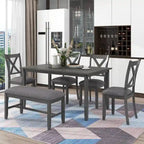 Gray Traditional 6-Piece Wooden Dining Table Set with 4 Upholstered Chairs and Bench