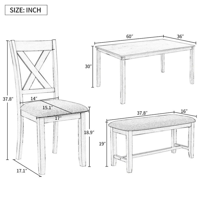 Ensemble de salle à manger traditionnel gris en bois, composé d'une table, de quatre chaises rembourrées et d'un banc.