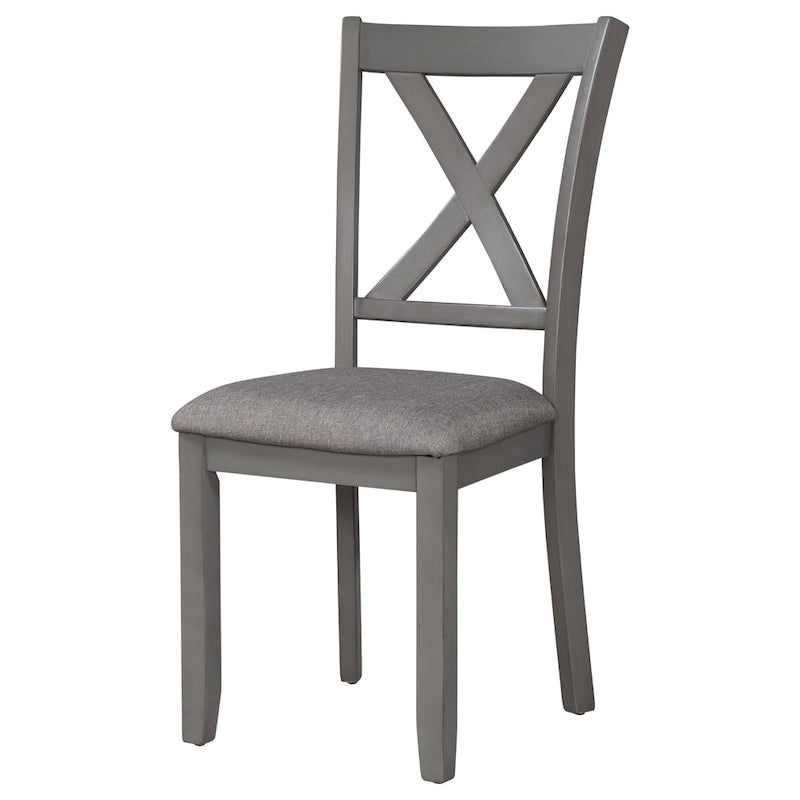 Ensemble de salle à manger traditionnel gris en bois, composé d'une table, de quatre chaises rembourrées et d'un banc.