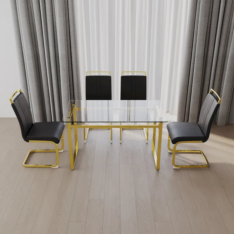 Ensemble de salle à manger moderne 5 pièces avec table rectangulaire en verre trempé et chaises sans accoudoirs à dossier haut et pieds plaqués or.