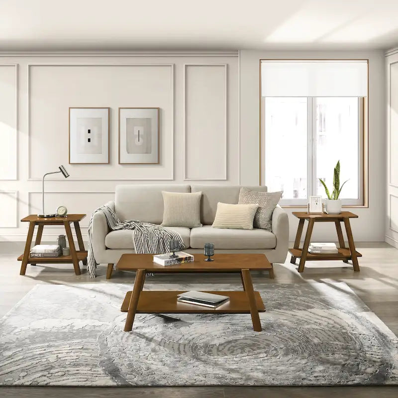 Ensemble de table basse 3 pièces de style moderne du milieu du siècle avec rangement, étagère et pieds cylindriques en bois d'hévéa