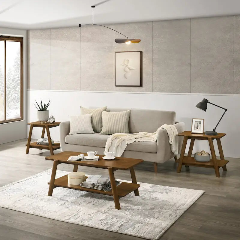 Ensemble de table basse 3 pièces de style moderne du milieu du siècle avec rangement, étagère et pieds cylindriques en bois d'hévéa