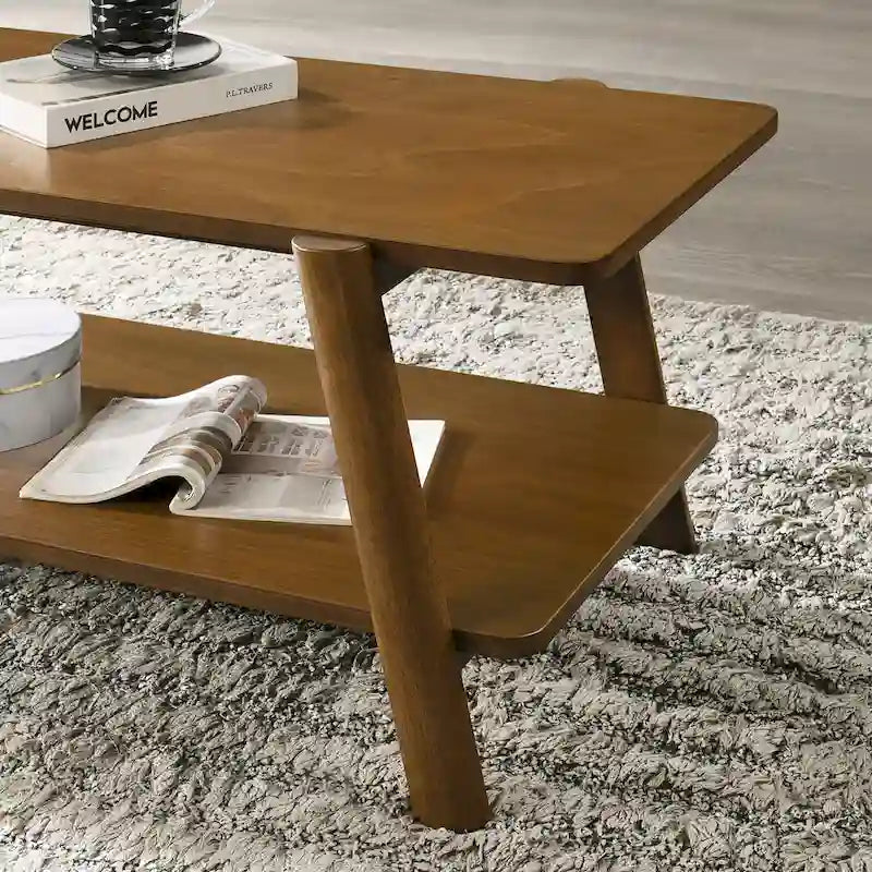 Ensemble de table basse 3 pièces de style moderne du milieu du siècle avec rangement, étagère et pieds cylindriques en bois d'hévéa