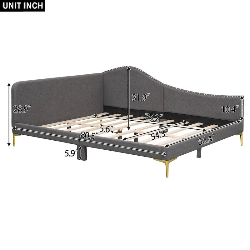 Lit de jour rembourré gris pleine grandeur avec accoudoirs