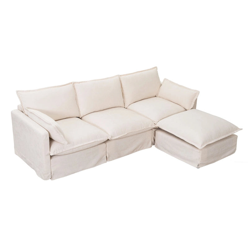 93.31 Faux Linen Modular Sectional Sofa with Ottoman, Wood Frame