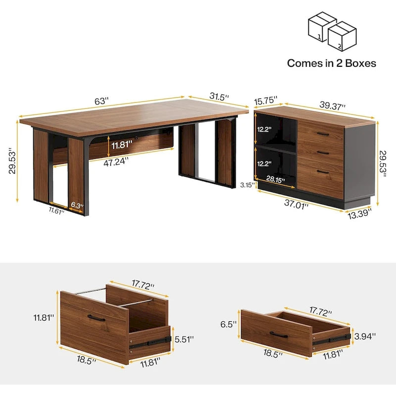 Table de bureau en L avec caisson de rangement de 119 cm, ensemble de mobilier de bureau en bois pour bureau à domicile