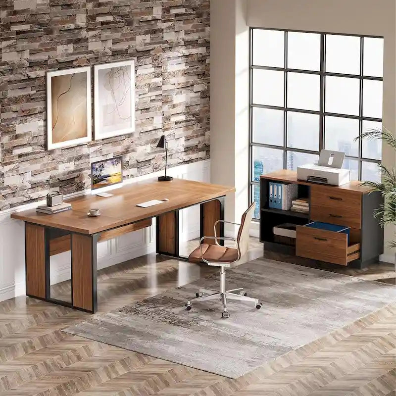 Table de bureau en L avec caisson de rangement de 119 cm, ensemble de mobilier de bureau en bois pour bureau à domicile
