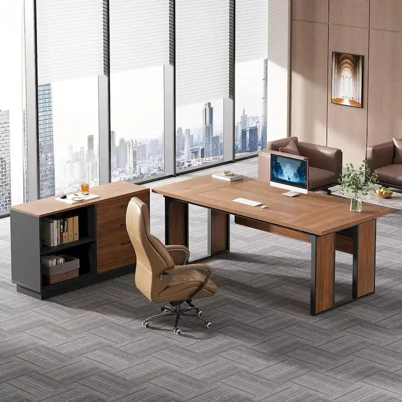 Table de bureau en L avec caisson de rangement de 119 cm, ensemble de mobilier de bureau en bois pour bureau à domicile