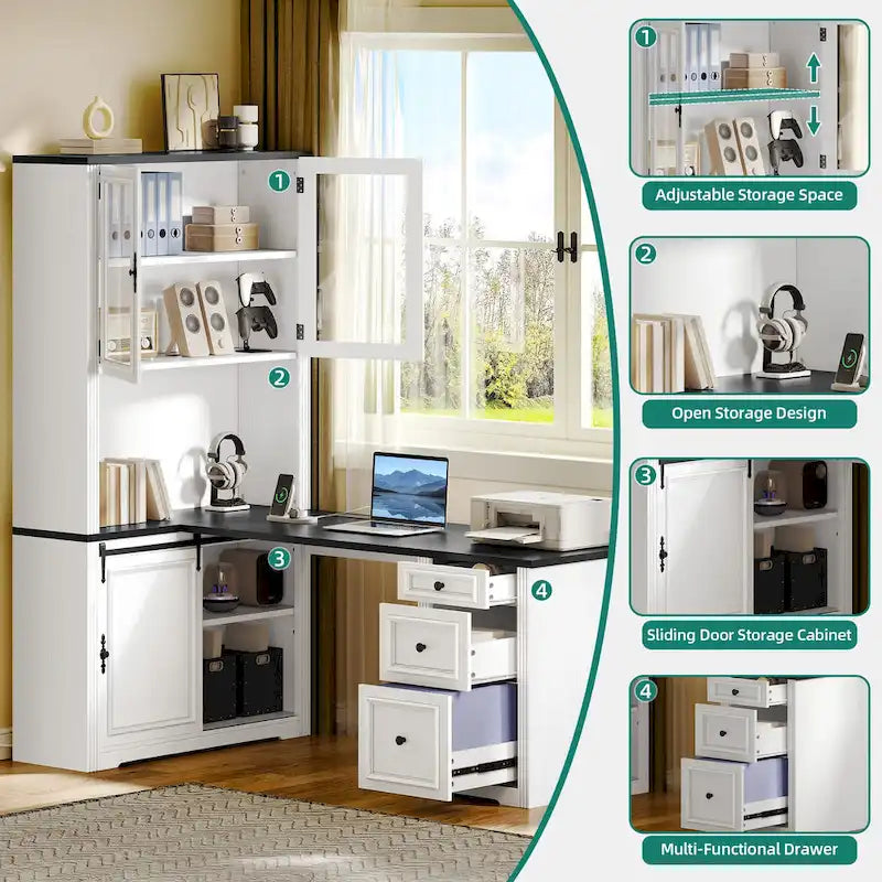 Bureau d'angle Moasis Farmhouse avec étagère et tiroirs