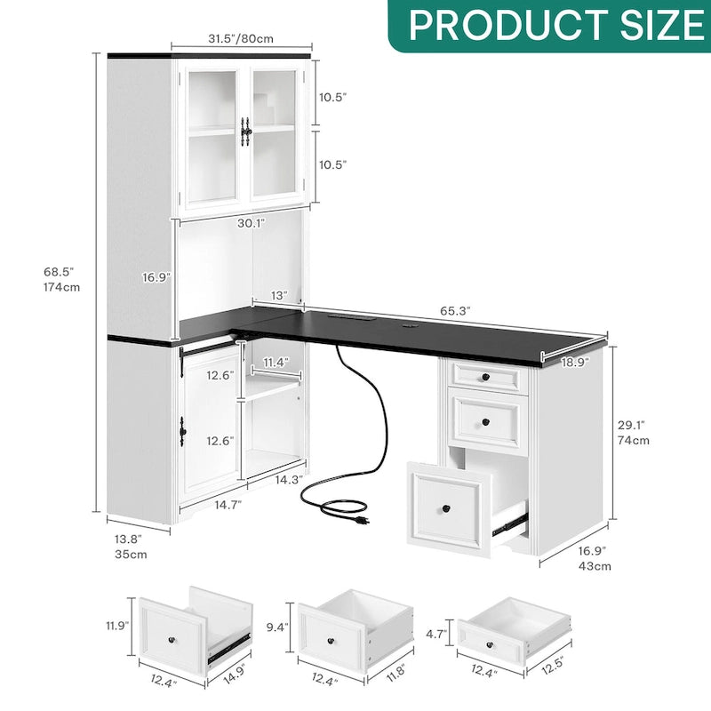 Bureau d'angle Moasis Farmhouse avec étagère et tiroirs