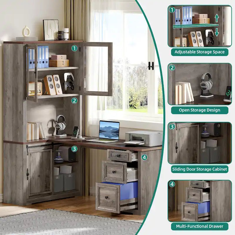Bureau d'angle Moasis Farmhouse avec étagère et tiroirs
