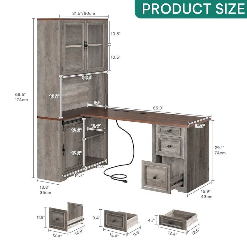 Bureau d'angle Moasis Farmhouse avec étagère et tiroirs