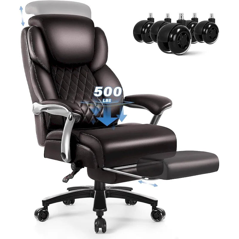 Fauteuil de bureau BOSSIN avec appui-tête relevable, supportant jusqu'à 227 kg (500 lb) - Cuir robuste avec repose-pieds rétractable et soutien lombaire