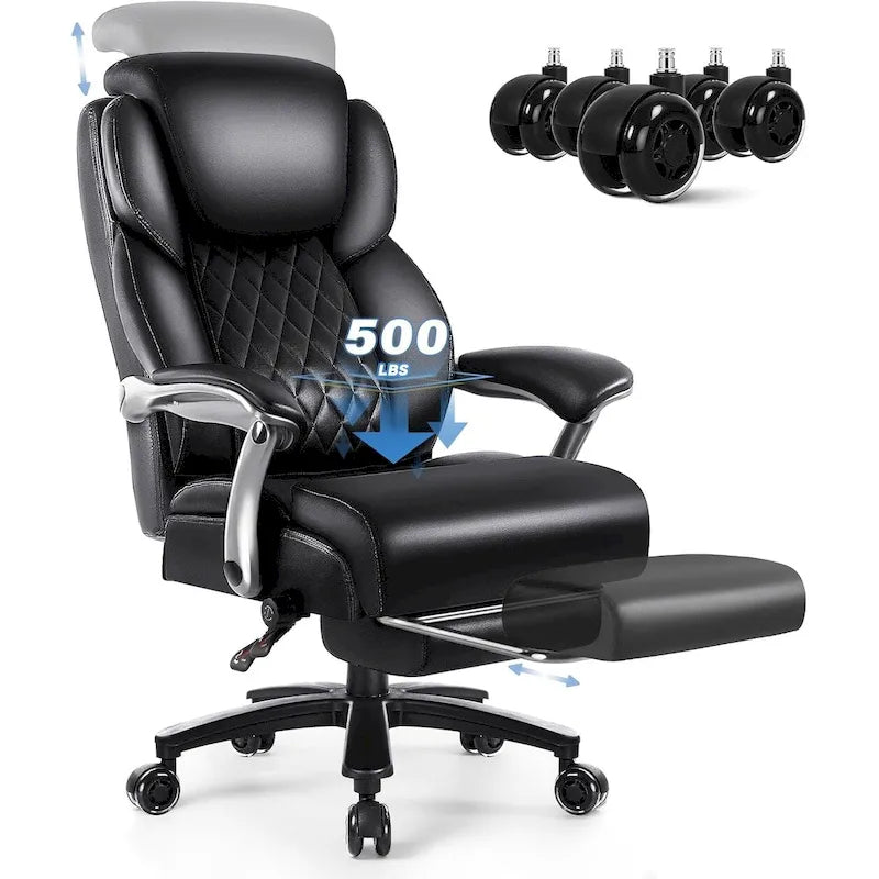 Fauteuil de bureau BOSSIN avec appui-tête relevable, supportant jusqu'à 227 kg (500 lb) - Cuir robuste avec repose-pieds rétractable et soutien lombaire